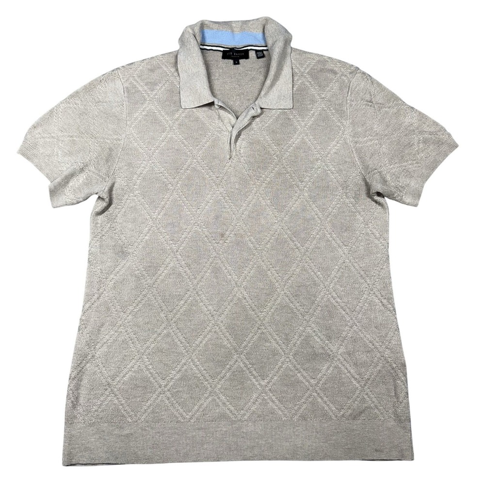 Ted Baker Ventar Polo Shirt Mens 3 Large Beige Diamond Knit Linen Blend Luxury